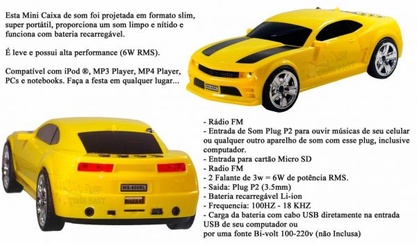 Carro Caixa De Som Camaro Portatil Radio Fm Usb Cartão Mp3